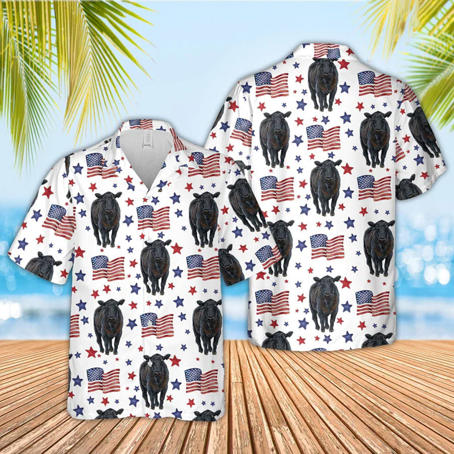 Black Angus American Flag Pattern Hawaiian Shirt/ funny cow hawaiian shirt/ 4th of july hawaiian shirt