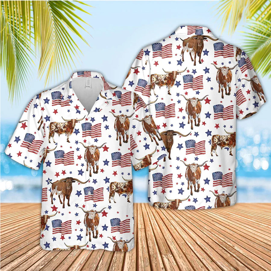 Tx Longhorn American Flag Pattern Hawaiian Shirt/ funny cow hawaiian shirt/ 4th of july hawaiian shirt