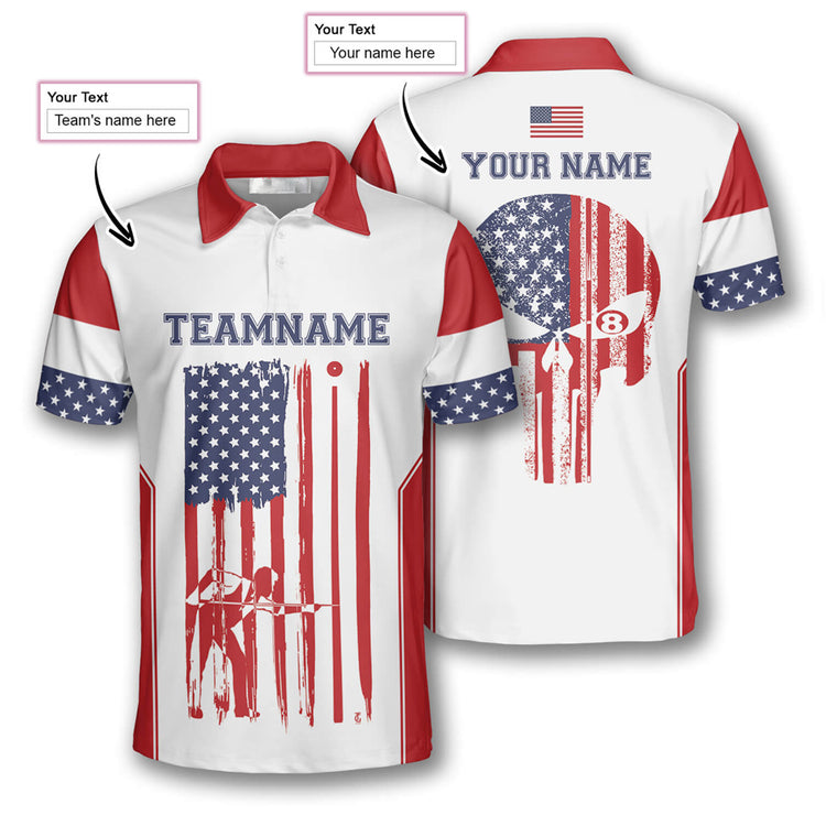 Billiard Patriotic Skull Flag White Custom Billiard Shirts for Men/ Custom Billiard Shirts for Team/ Men