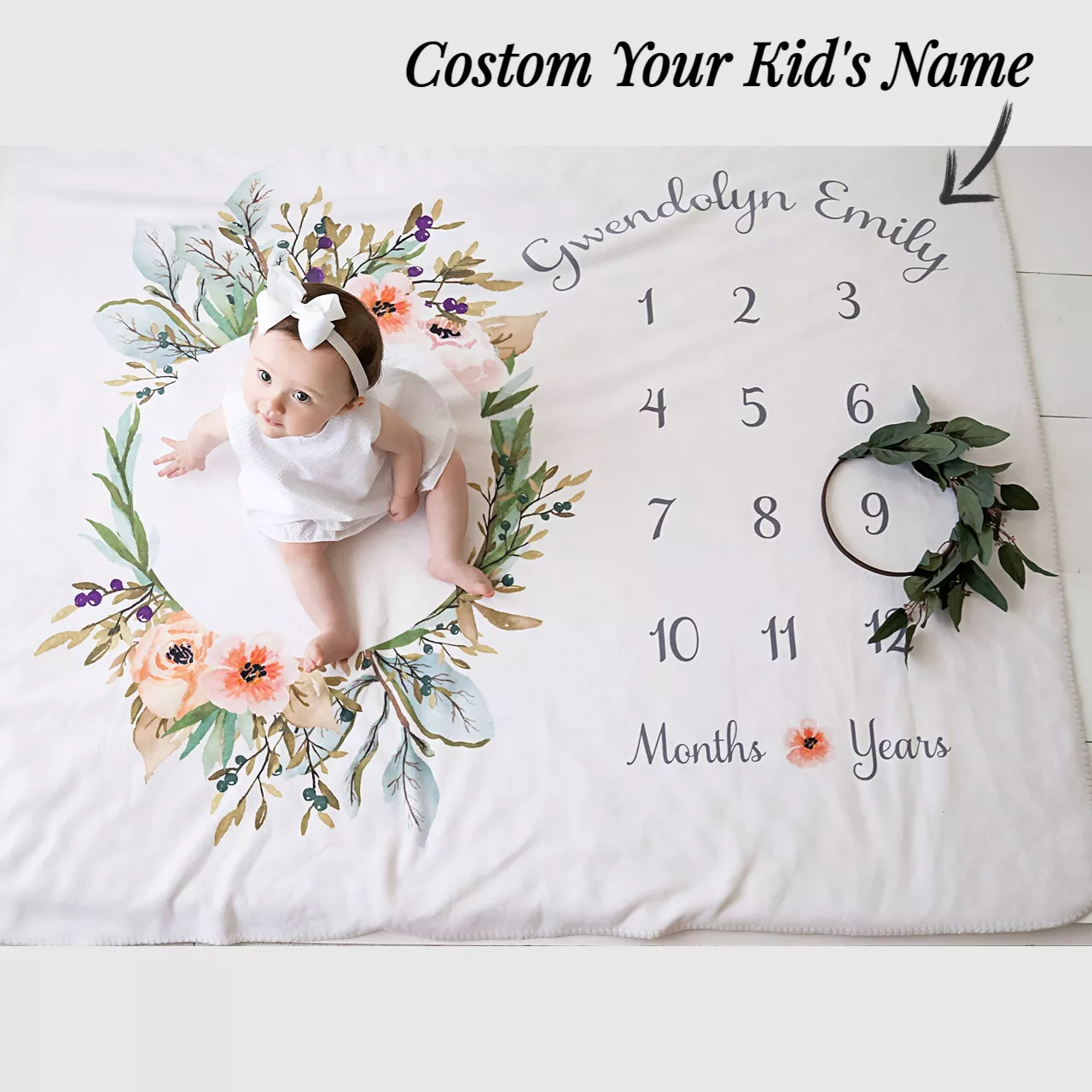 Custom Baby Blanket Flower Pattern/ Baby Milestone Kids Blanket/ Full month Gift For Boy Girl Throw Blanket Soft Cozy