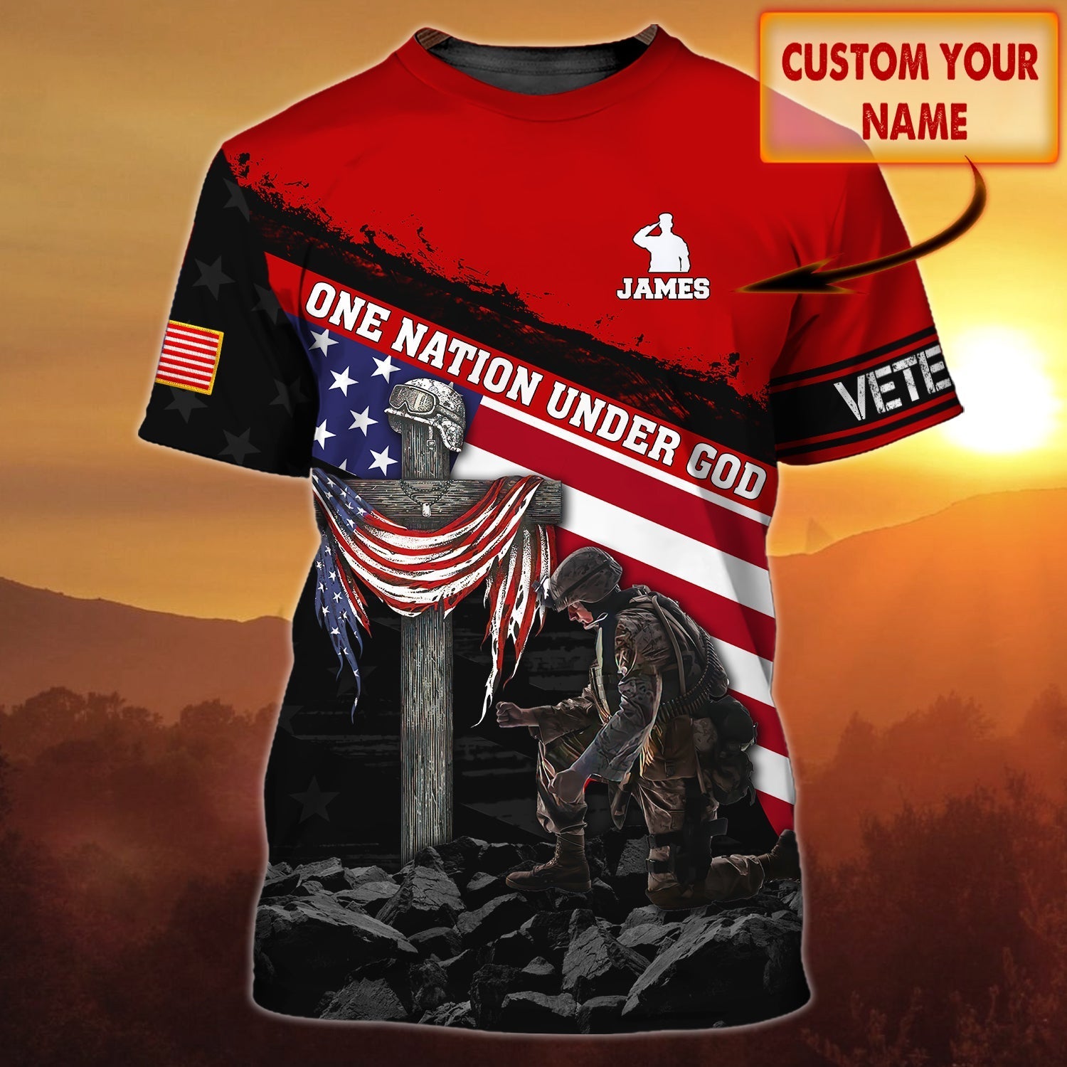 Personalized With Name One Nation Under God 3D Tee Shirt/ Veteran Patriotice American Full Print Shirts