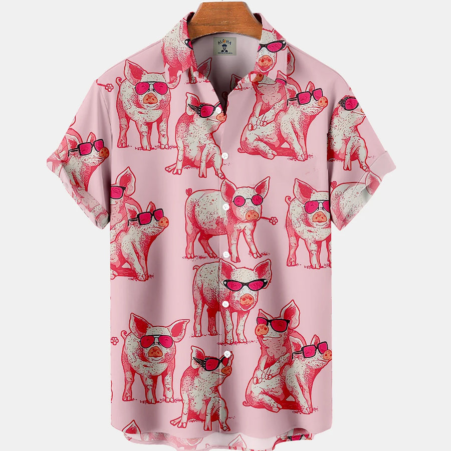 Hawaiian Funny Animal Pig Print Pocket Short Sleeve hawaiian Shirt