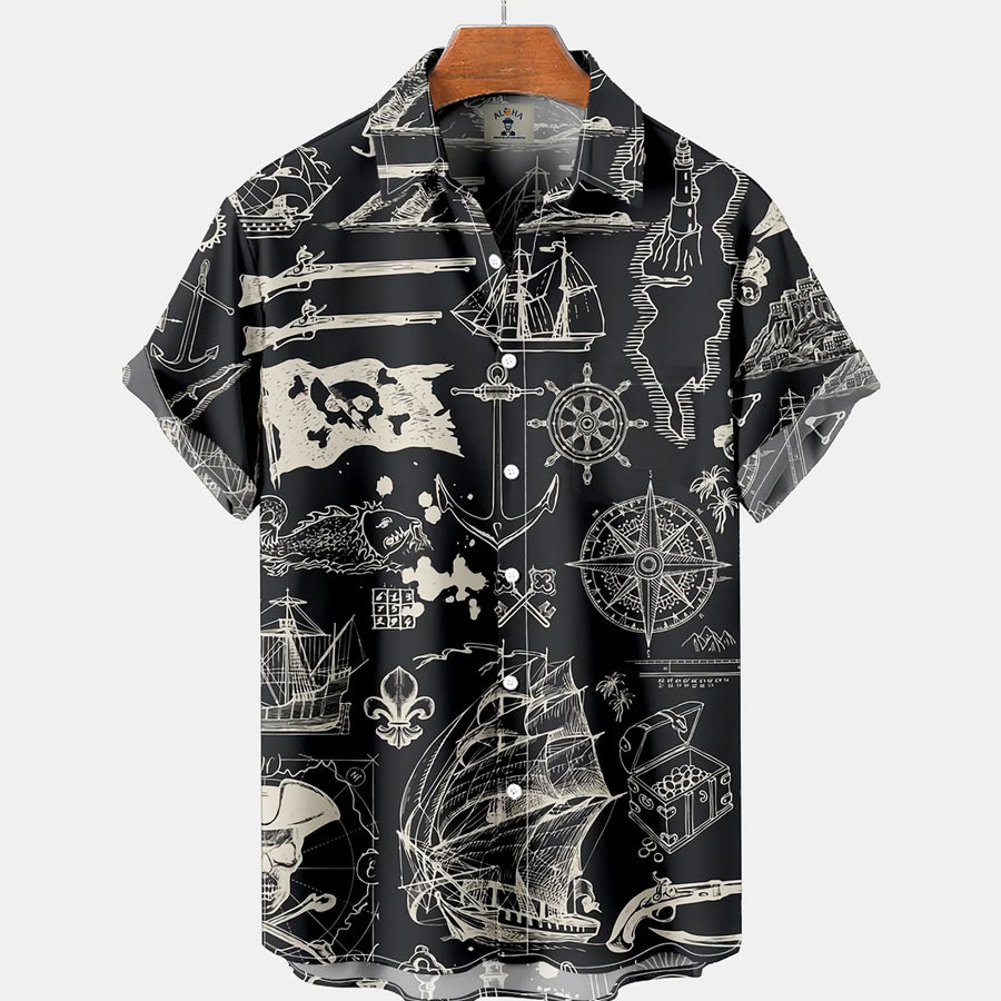 Vintage Hawaiian Nautical Pirate Ship Print Short Sleeve hawaiian Shirt