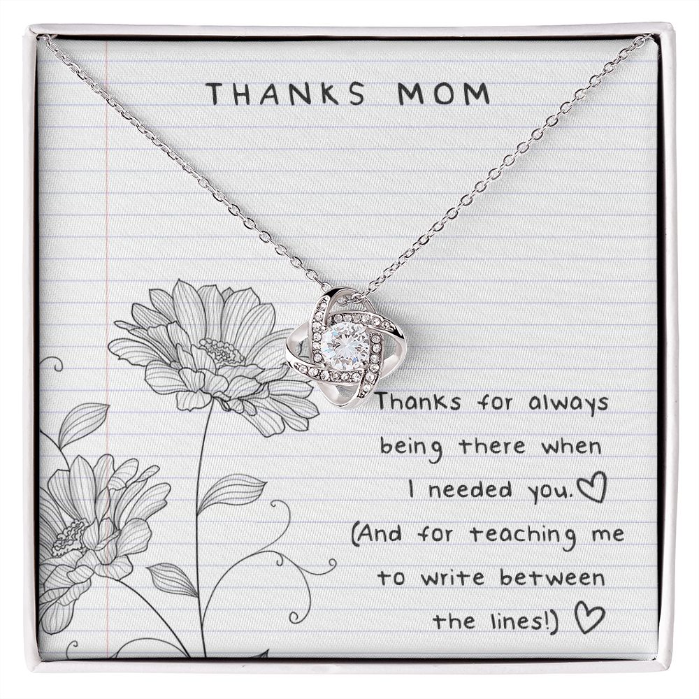 Thanks Mom Between The Lines Love Knot Necklace/ Beautiful Jewelry for Mom/ Birthday Gift/ Mother''s Day Gift