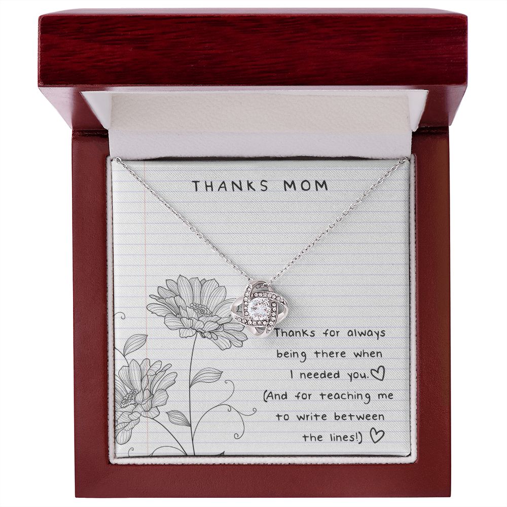 Thanks Mom Between The Lines Love Knot Necklace/ Beautiful Jewelry for Mom/ Birthday Gift/ Mother