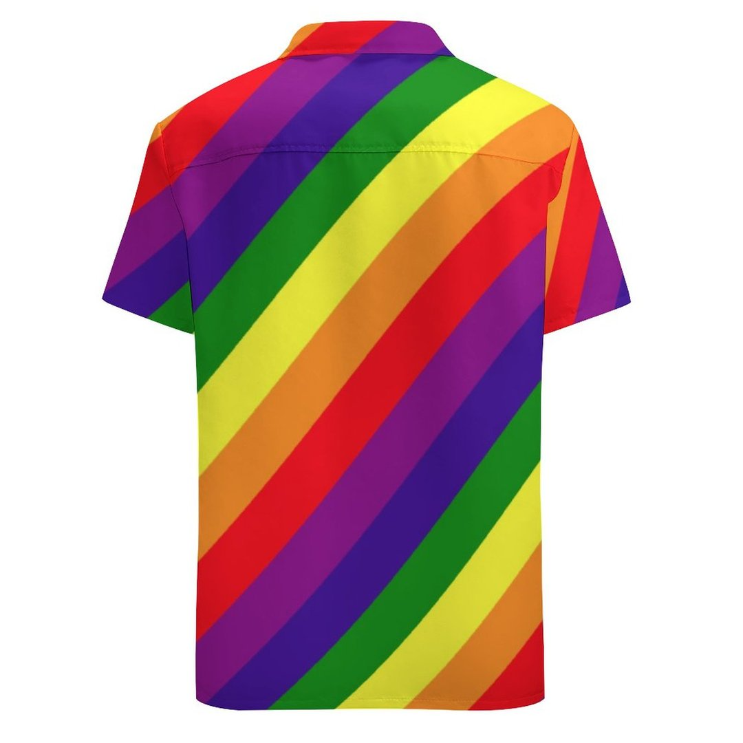 Gay Pride Lgbtq Rainbow Colors Striped Hawaiian Vintage Shirt Mens Button Down Plus Size Tropical Hawaii Beach Shirts