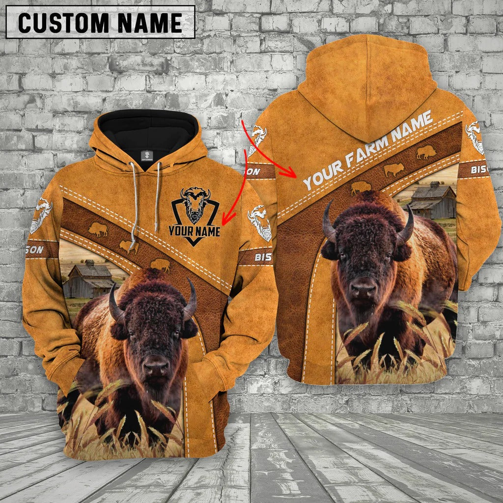 Custom Name 3D Bison Cattle Hoodie Brown Leather Pattern/ Farm Zip Hoodie Men Women