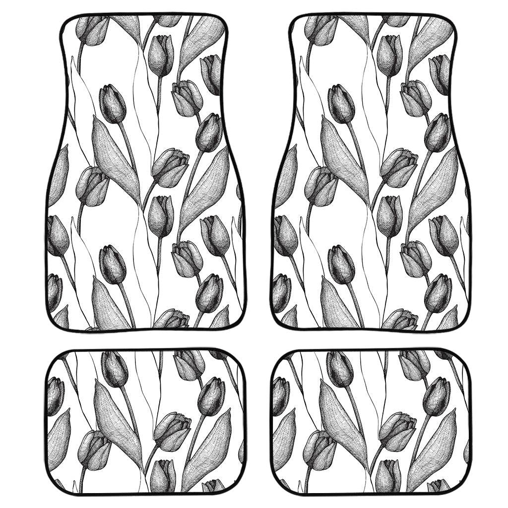Black And White Tulip Pattern Print Front And Back Car Floor Mats/ Front Car Mat