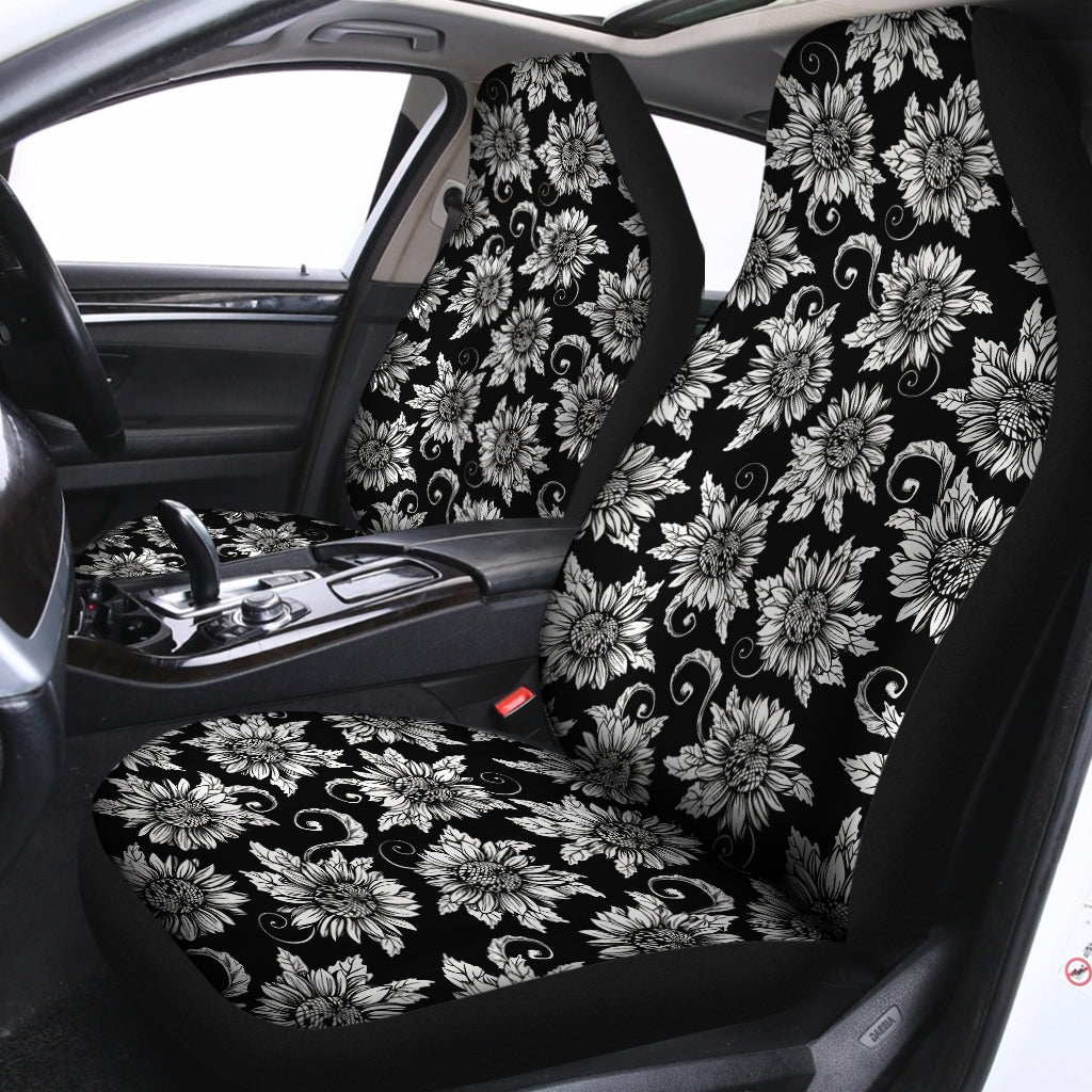 Black And White Vintage Sunflower Print Universal Fit Car Seat Covers