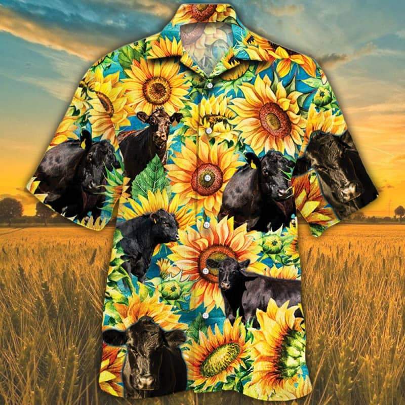 Sunflower Black Angus Cattle Hawaiian Shirt