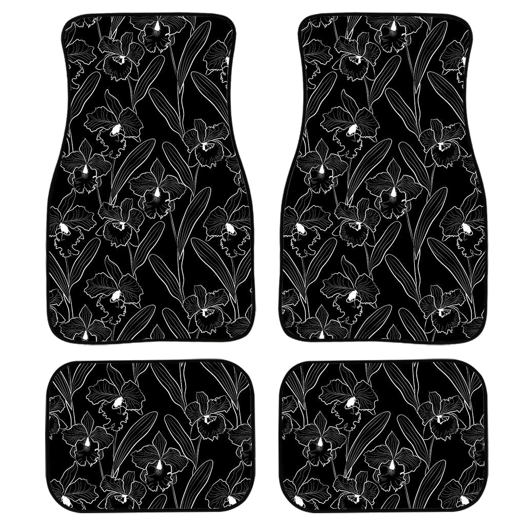 Black Cattleya Flower Pattern Print Front And Back Car Floor Mats/ Front Car Mat