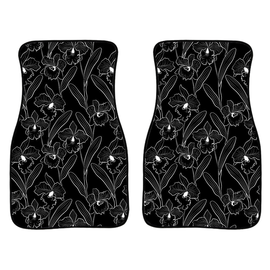 Black Cattleya Flower Pattern Print Front And Back Car Floor Mats/ Front Car Mat