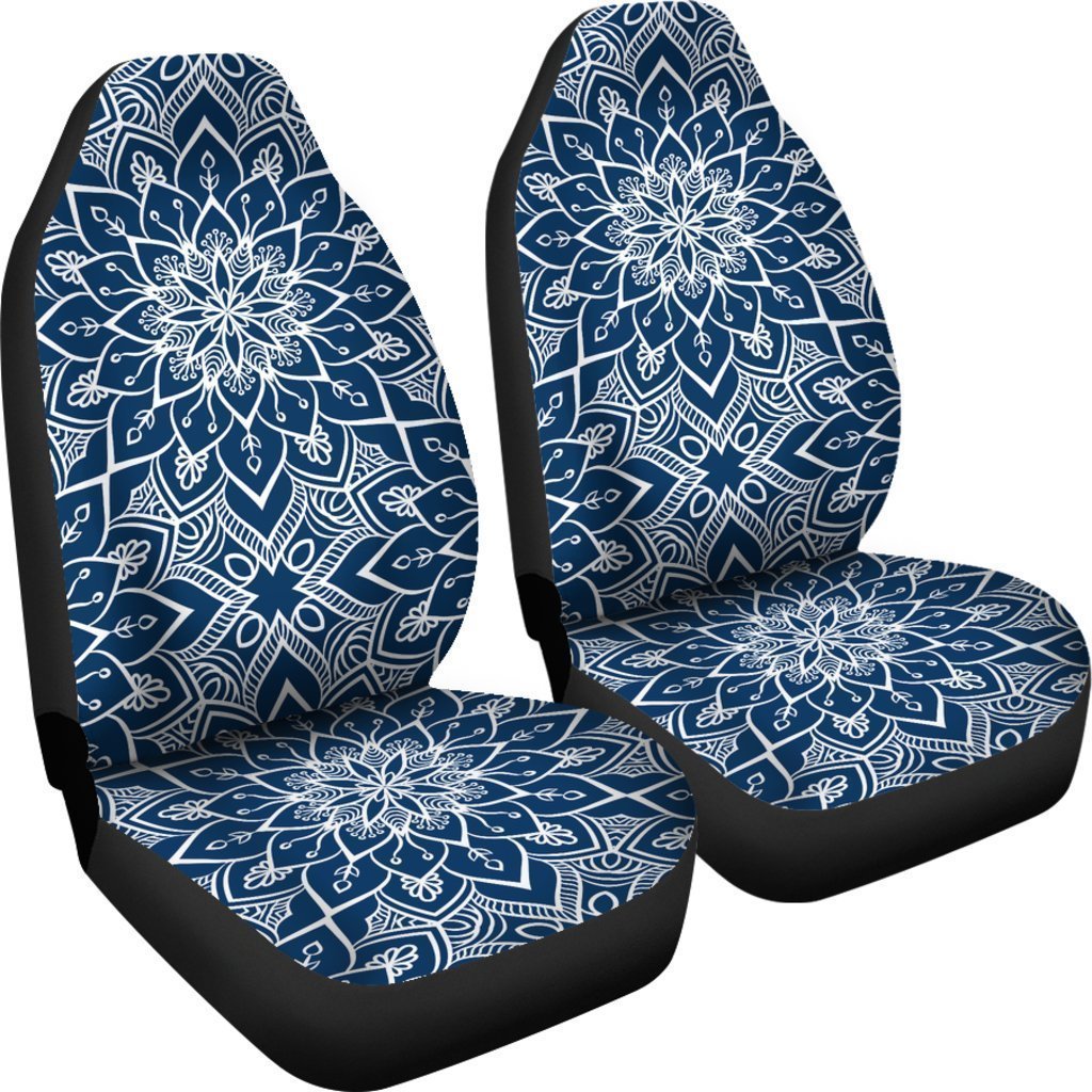Blue And White Bohemian Mandala Print Universal Fit Car Seat Covers/ 3D Mandala Front Carseat Covers