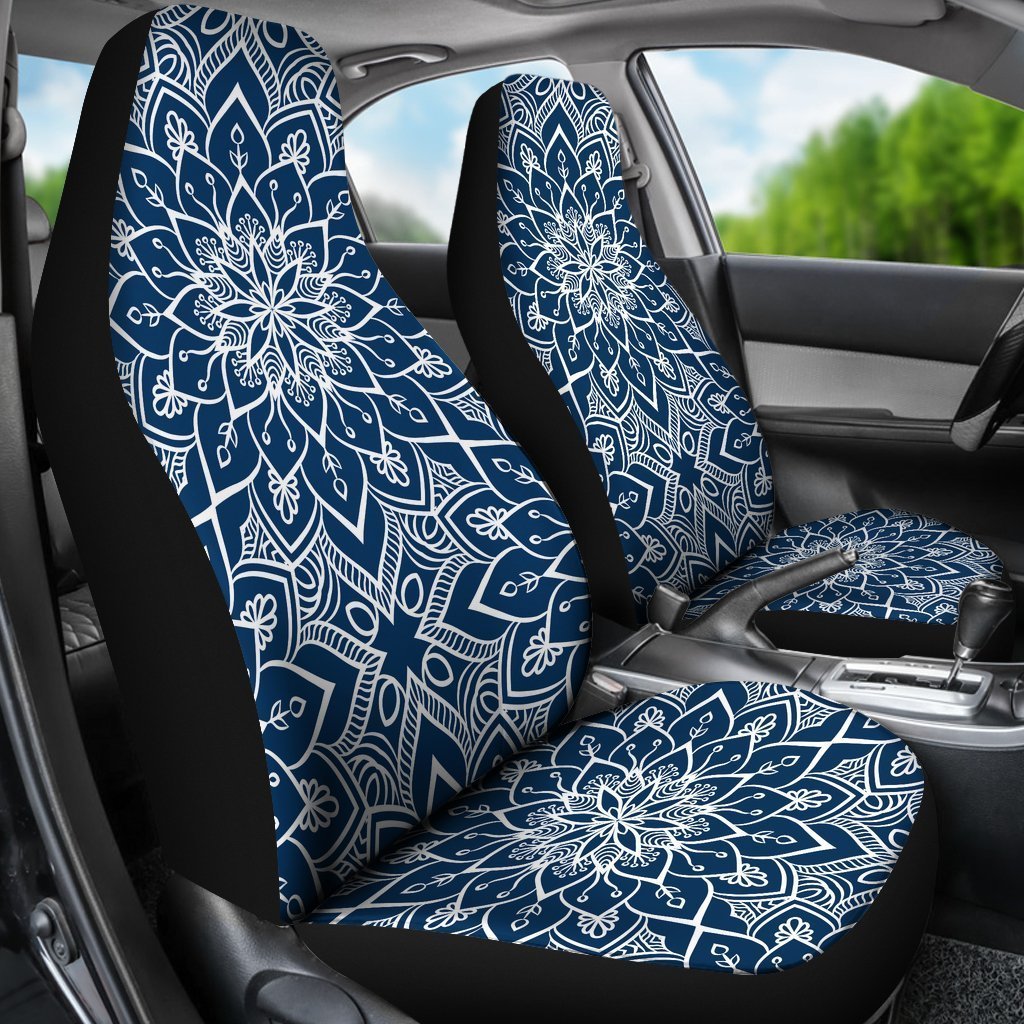 Blue And White Bohemian Mandala Print Universal Fit Car Seat Covers/ 3D Mandala Front Carseat Covers