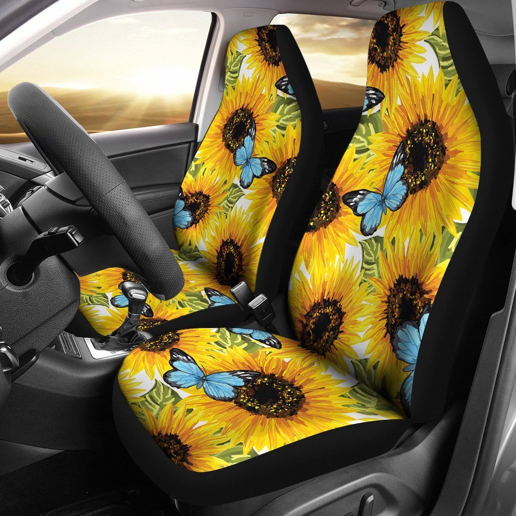 Blue Butterfly Sunflower Pattern Print Universal Fit Car Seat Covers