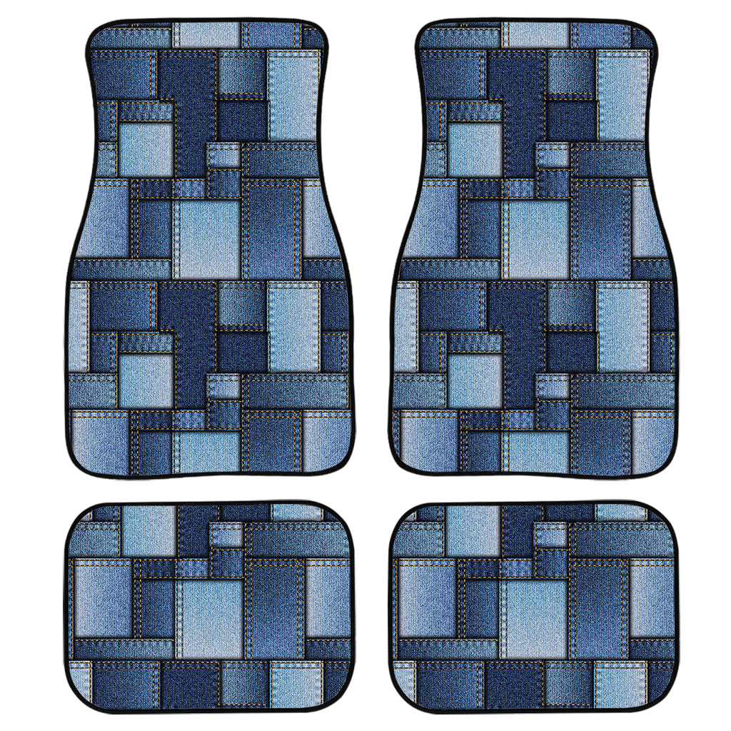 Blue Denim Patchwork Pattern Print Front And Back Car Floor Mats/ Front Car Mat