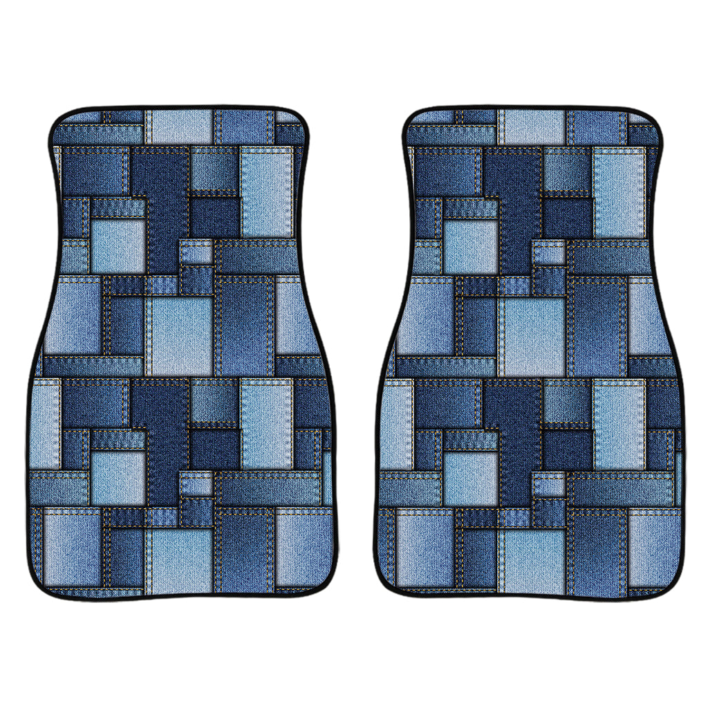 Blue Denim Patchwork Pattern Print Front And Back Car Floor Mats/ Front Car Mat