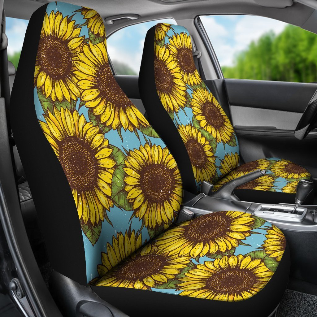 Blue Vintage Sunflower Pattern Print Universal Fit Car Seat Covers