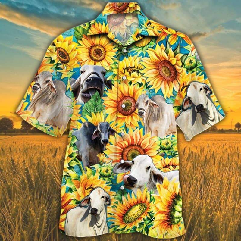 Sunflower Brahman Cattle Hawaiian Shirt