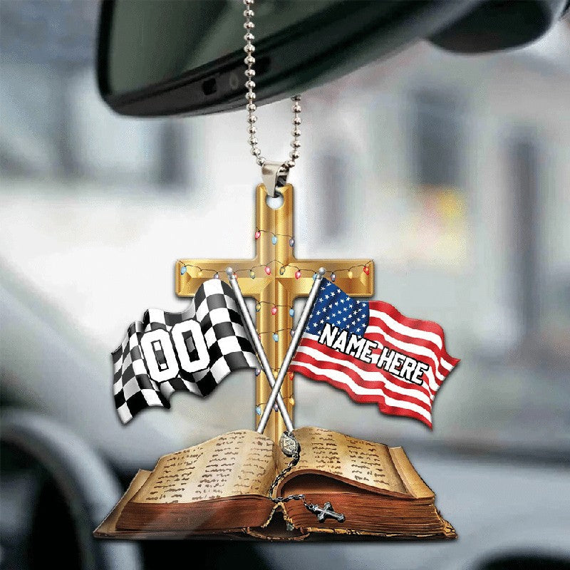 Personalized Racing Us Flag Cross Car Hanging Ornament