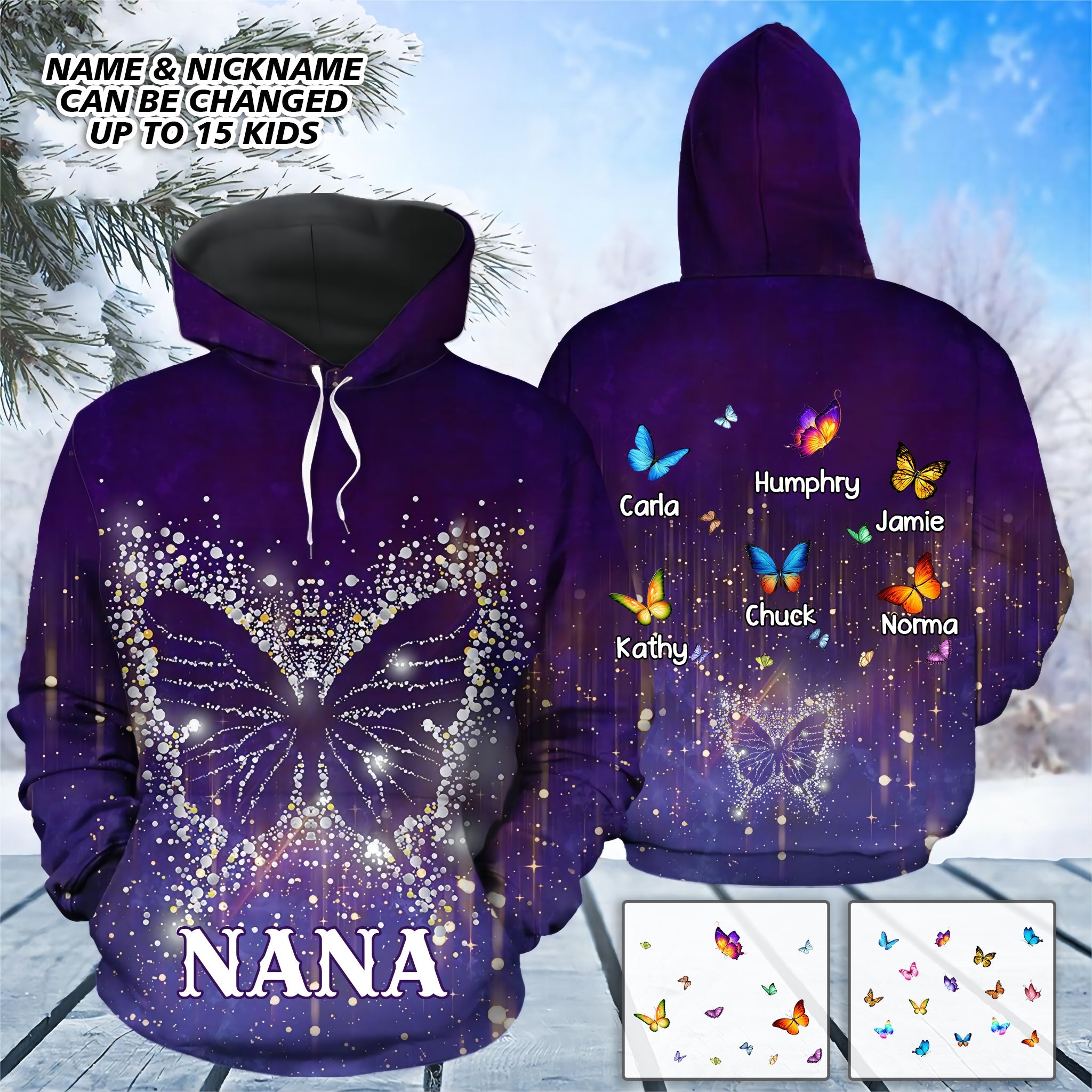 Personalized Butterfly Snowflake Grandma with Kid Name Hoodie/ 3D All Over Print Butterfly Mom Kid