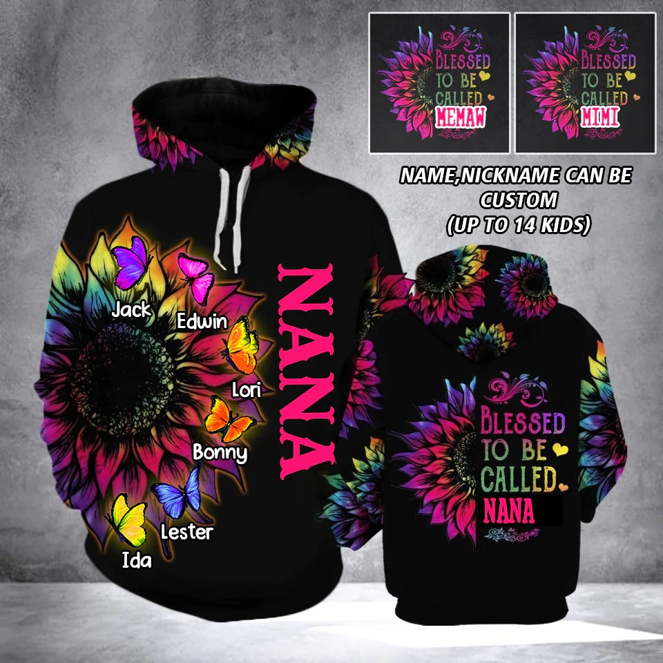 Personalized Blessed to Be Called Grandma Nana Butterfly Hoodie/ 3D All Over Print Hoodie For Mom/ Family Hoodie
