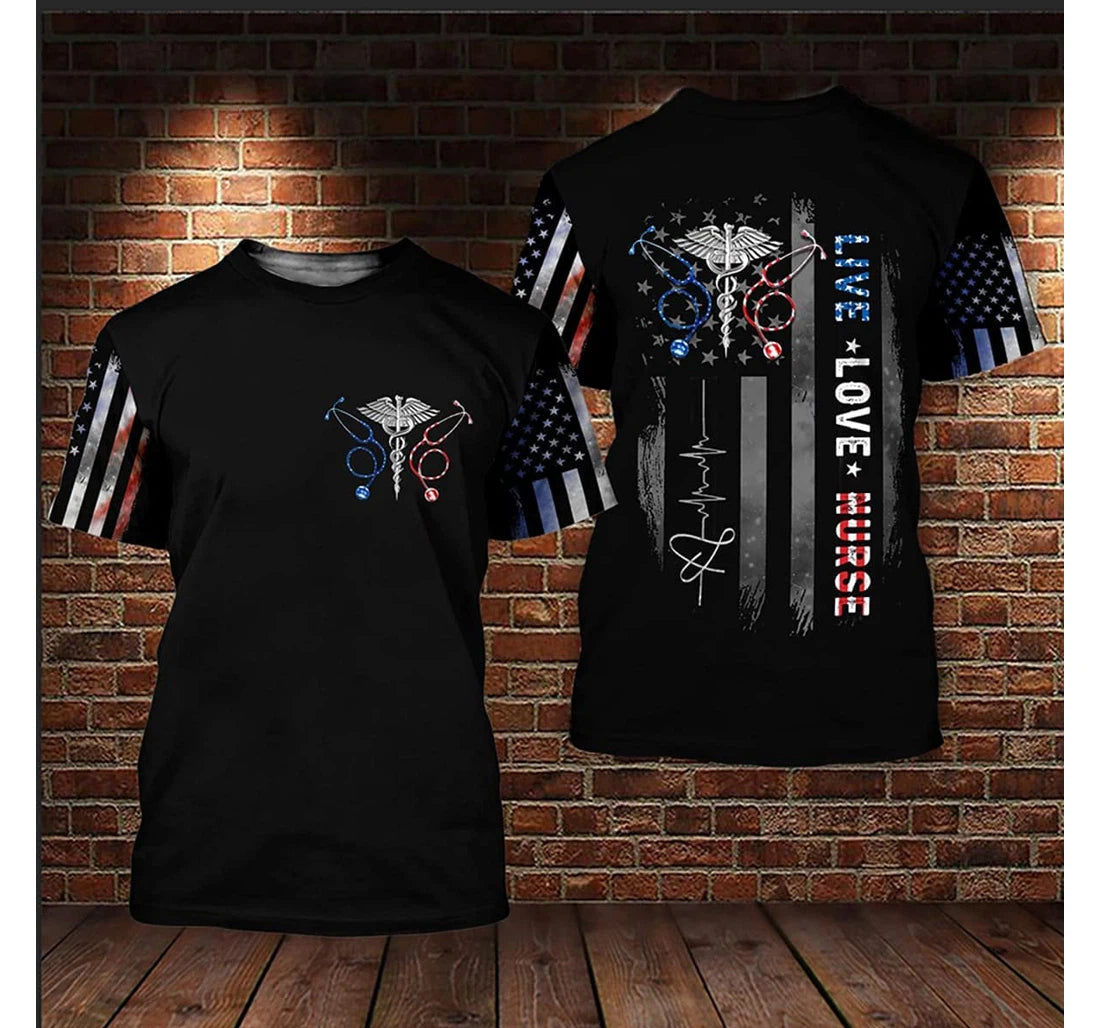 Live Love Nurse American Flag Pattern 3D Shirt/ Flag Heart Beat Shirt/ Nurse Uniform