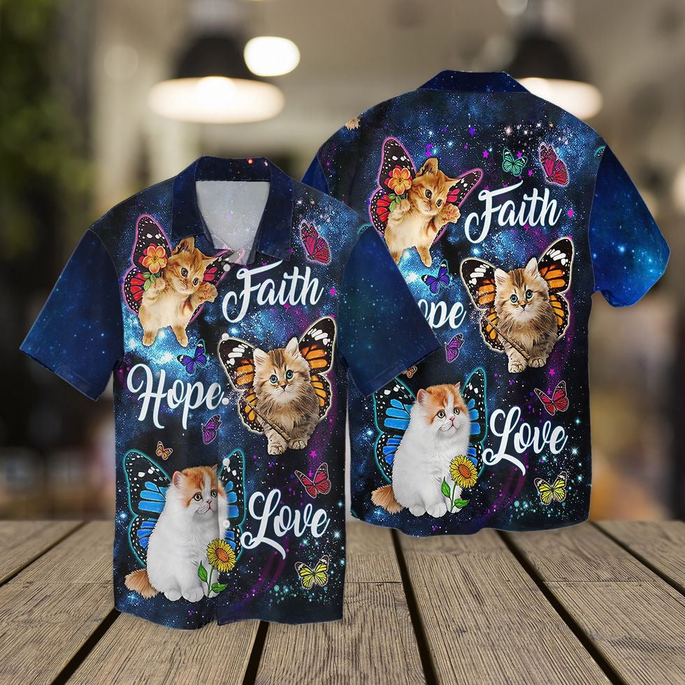 Faith Hope Love Cat 3D Hawaiian Shirt For Cat Lovers/ Cat Flying Hawaii Aloha Beach Shirt Short Sleeve