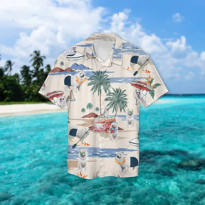 Canadian Eskimo Dog Summer Beach Hawaiian Shirt/ Hawaiian Shirts for Men Short Sleeve Aloha Beach Shirt