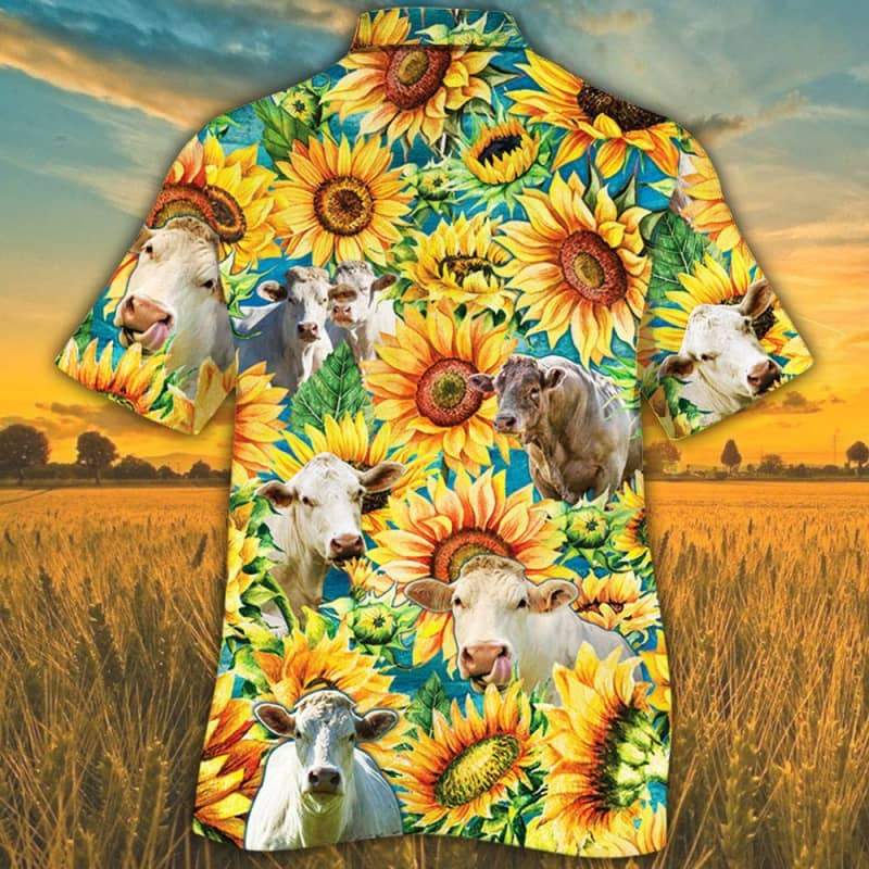 Sunflower Charolais Cattle Hawaiian Shirt