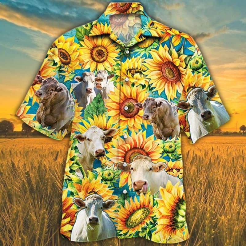 Sunflower Charolais Cattle Hawaiian Shirt