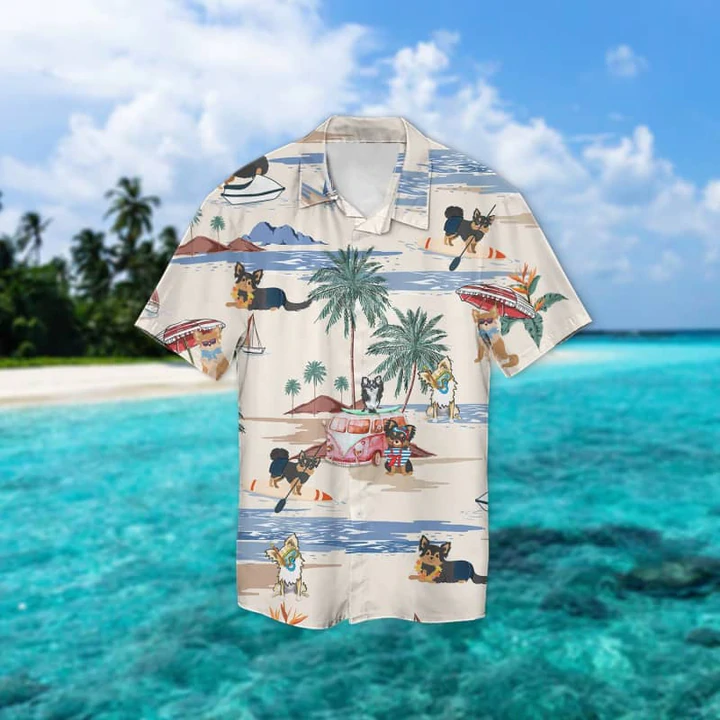 Chihuahua Longhair Summer Beach Hawaiian Shirt/ Hawaiian Shirts for Men Short Sleeve Aloha Beach Shirt