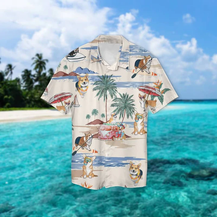 Corgi Summer Beach Hawaiian Shirt/ Hawaiian Shirts for Men Short Sleeve Aloha Beach Shirt