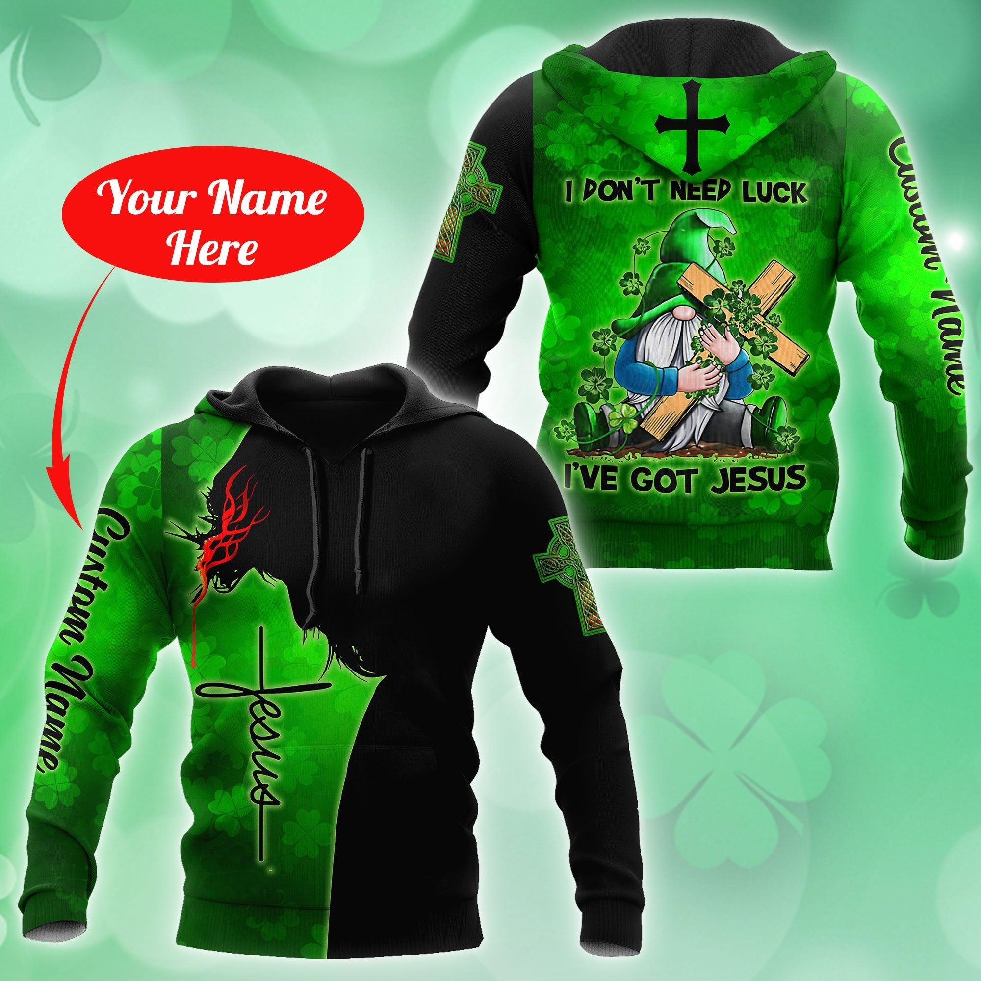 Personalized Irish Jesus Unisex Shirt For Man and Women/ I Don''t Need Luck I''ve Got Jesus Gnome Patrick Day Shirt
