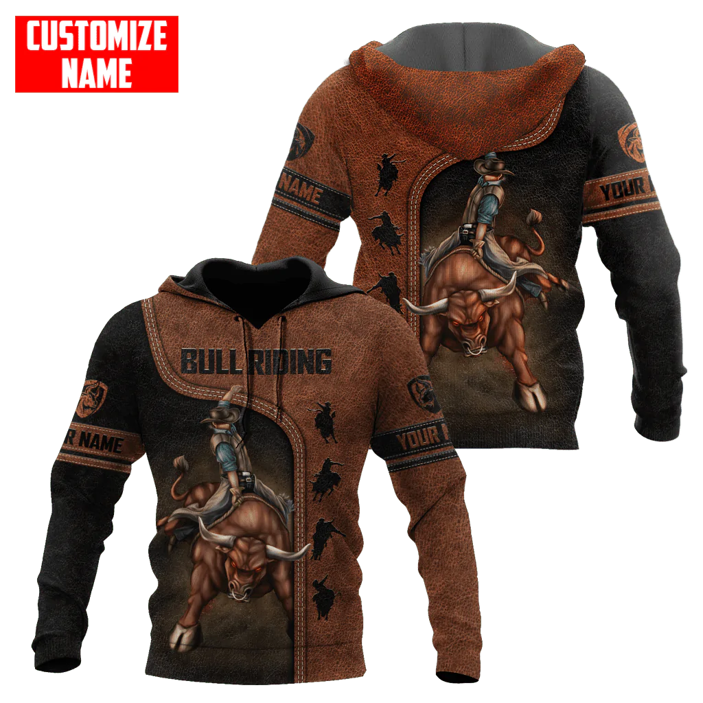 Custom Name 3D All Over Print Bull Riding Hoodie Brown Leather Pattern Cowboy Lover Gifts