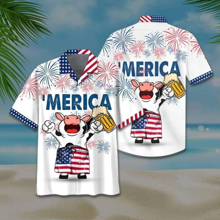 Funny Cow And Beer Hawaiian Shirt/ Unisex Print Aloha Short Sleeve Casual Shirt/ Independence Day Cow Hawaii Shirt