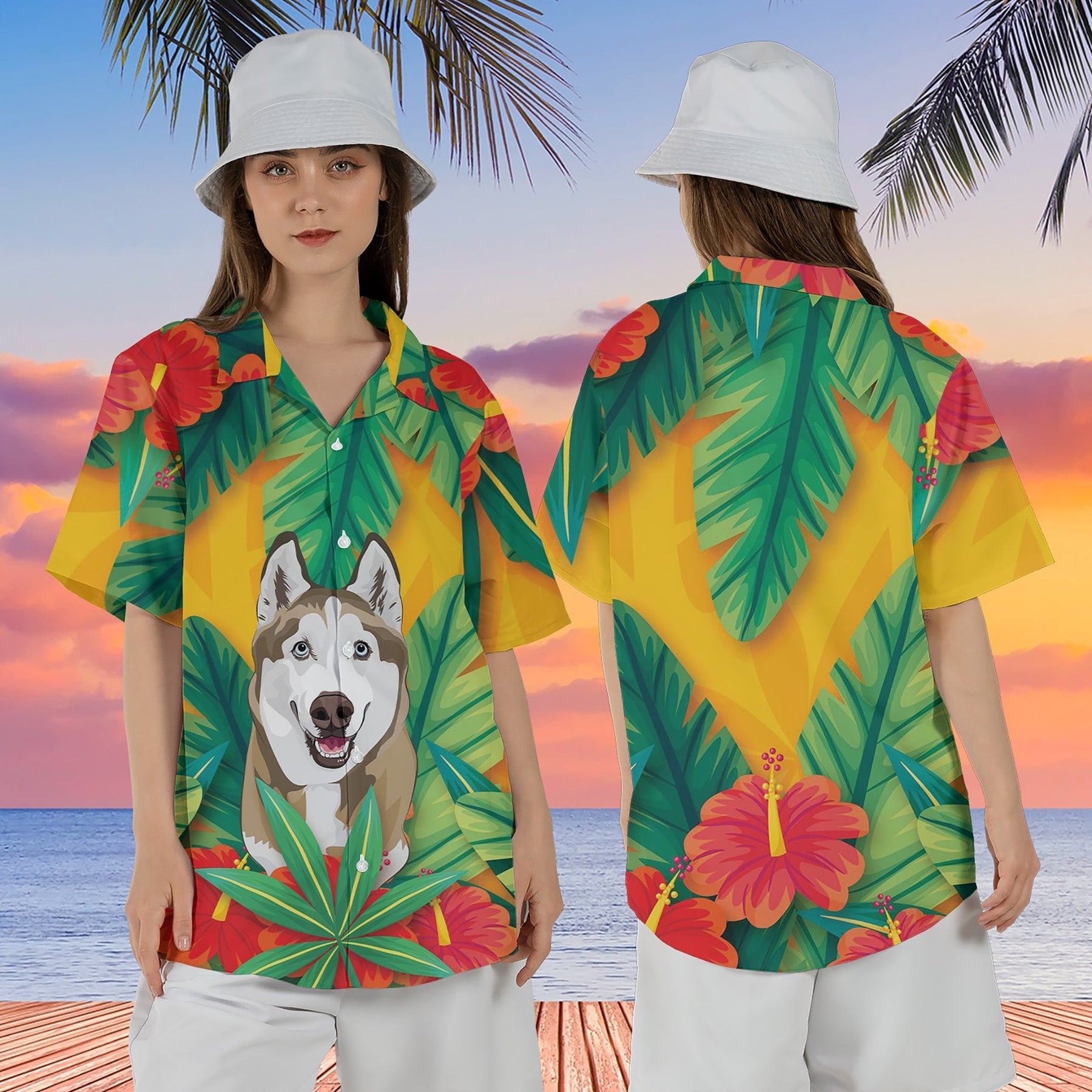 Custom Photo Dog Hawaiian Shirt/ Green and Yellow Hawaii Shirt with Hand-Painted Pet Face/ Tropical Print Shirts