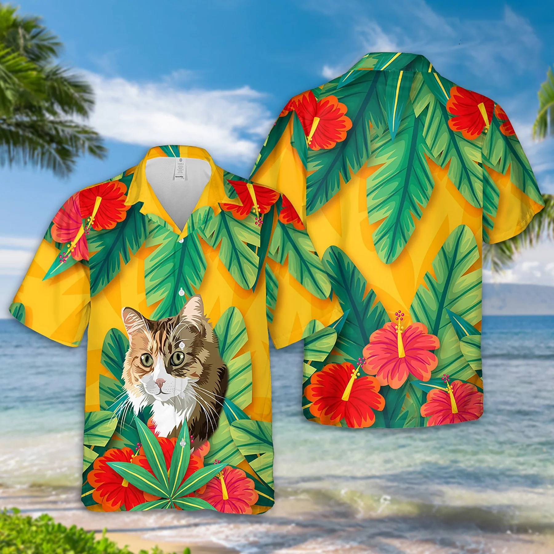 Custom Photo Dog Hawaiian Shirt/ Green and Yellow Hawaii Shirt with Hand-Painted Pet Face/ Tropical Print Shirts