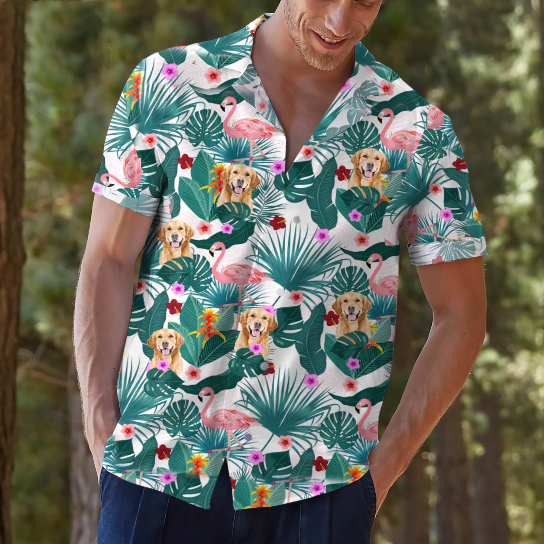 Custom Flamingo Hawaiian Shirt with Pet Face/ Personalized Dog Hawaiian Shirts from Photo/ Annyversary Gift