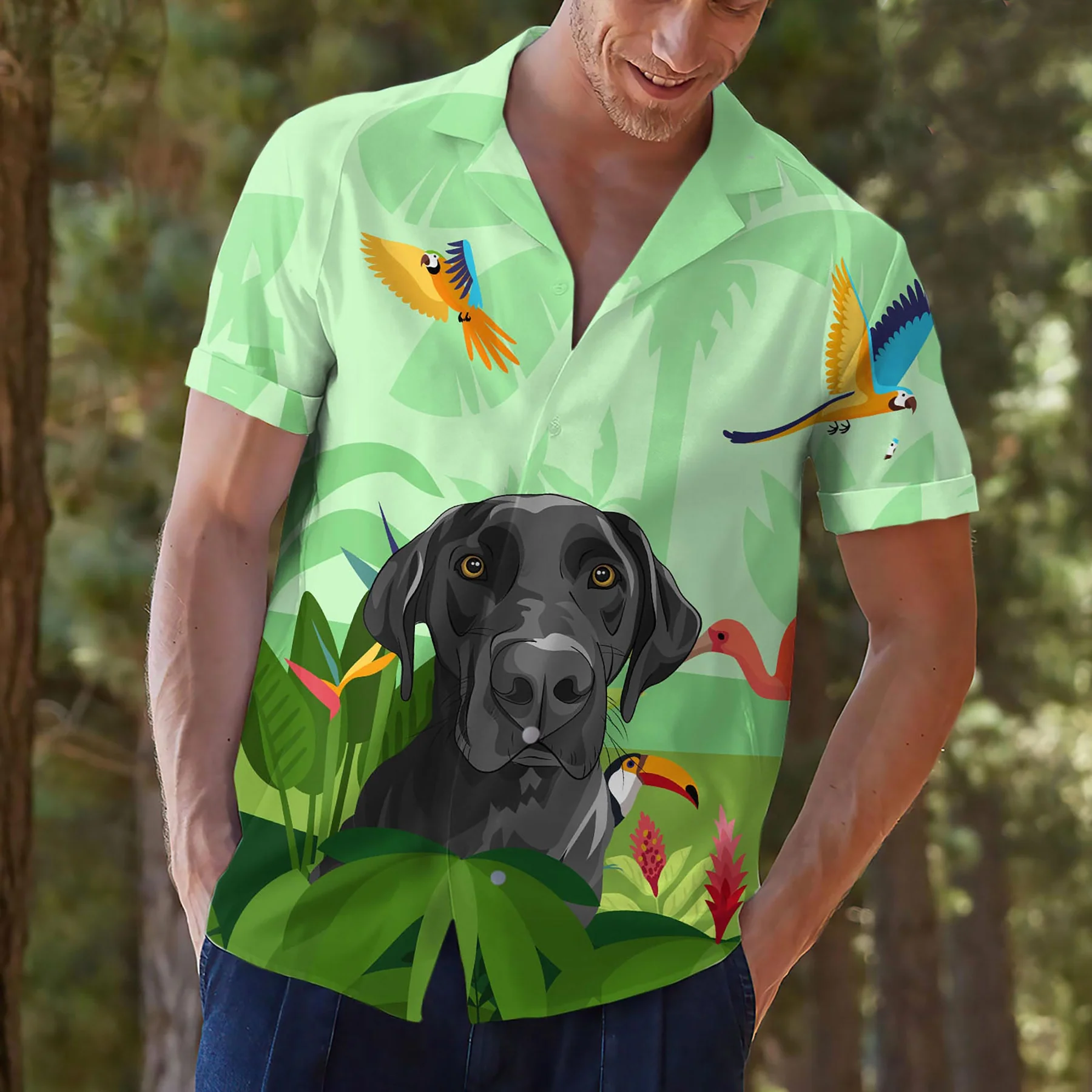Custom Green Hawaiian Shirts with Dog Face Hand-Painted/ Hawaiian Outfit for Couples/ Personalized Gift for Pet Lover