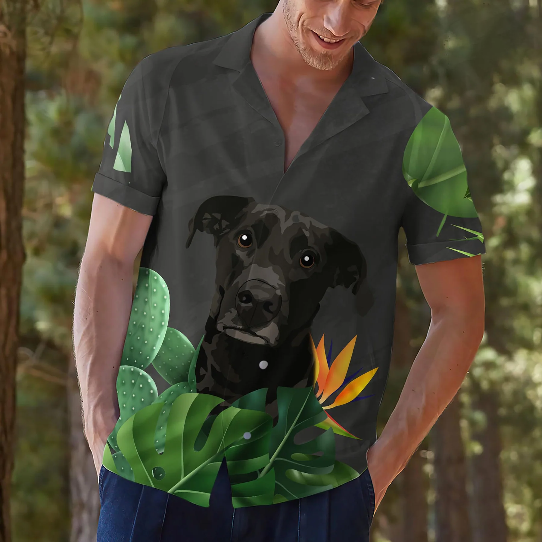 Custom Short Sleeve Hawaiian Shirt with Pet Hand-Painting/ Custom Dog Portrait Hawaiian Shirt