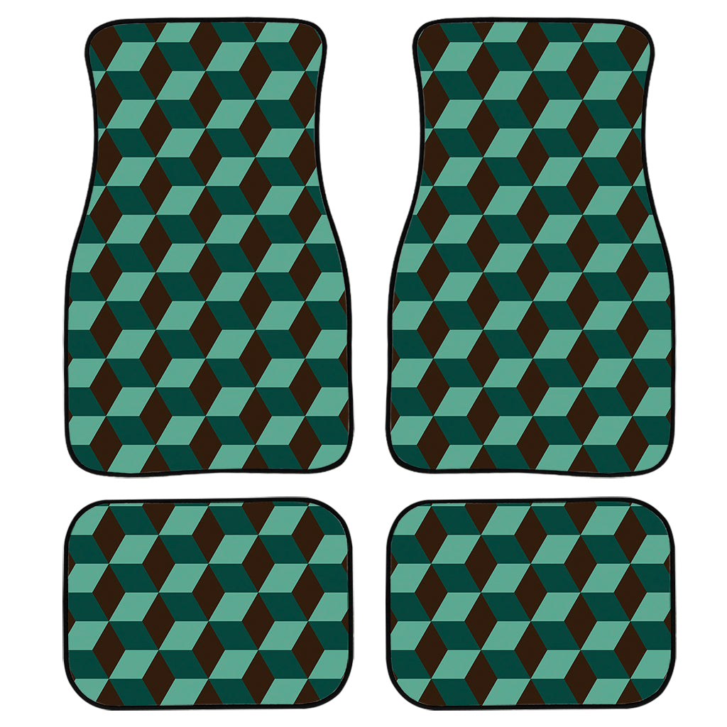 Dark Green Geometric Cube Pattern Print Front And Back Car Floor Mats/ Front Car Mat