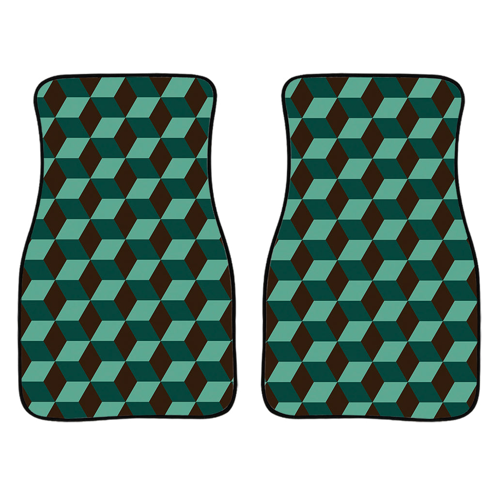 Dark Green Geometric Cube Pattern Print Front And Back Car Floor Mats/ Front Car Mat