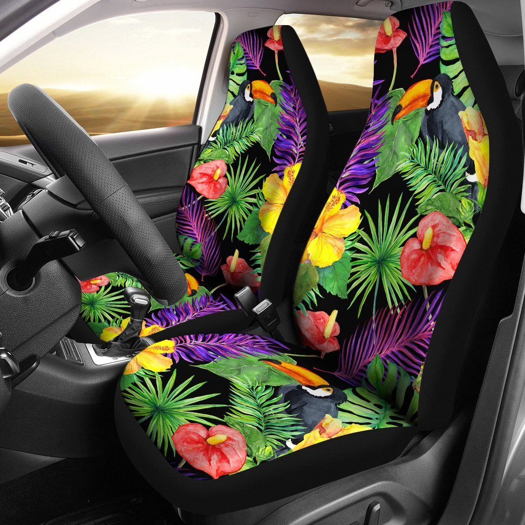 3D Print Front Seat Cover For A Car/ Dark Hawaii Tropical Pattern Print Universal Fit Car Seat Covers