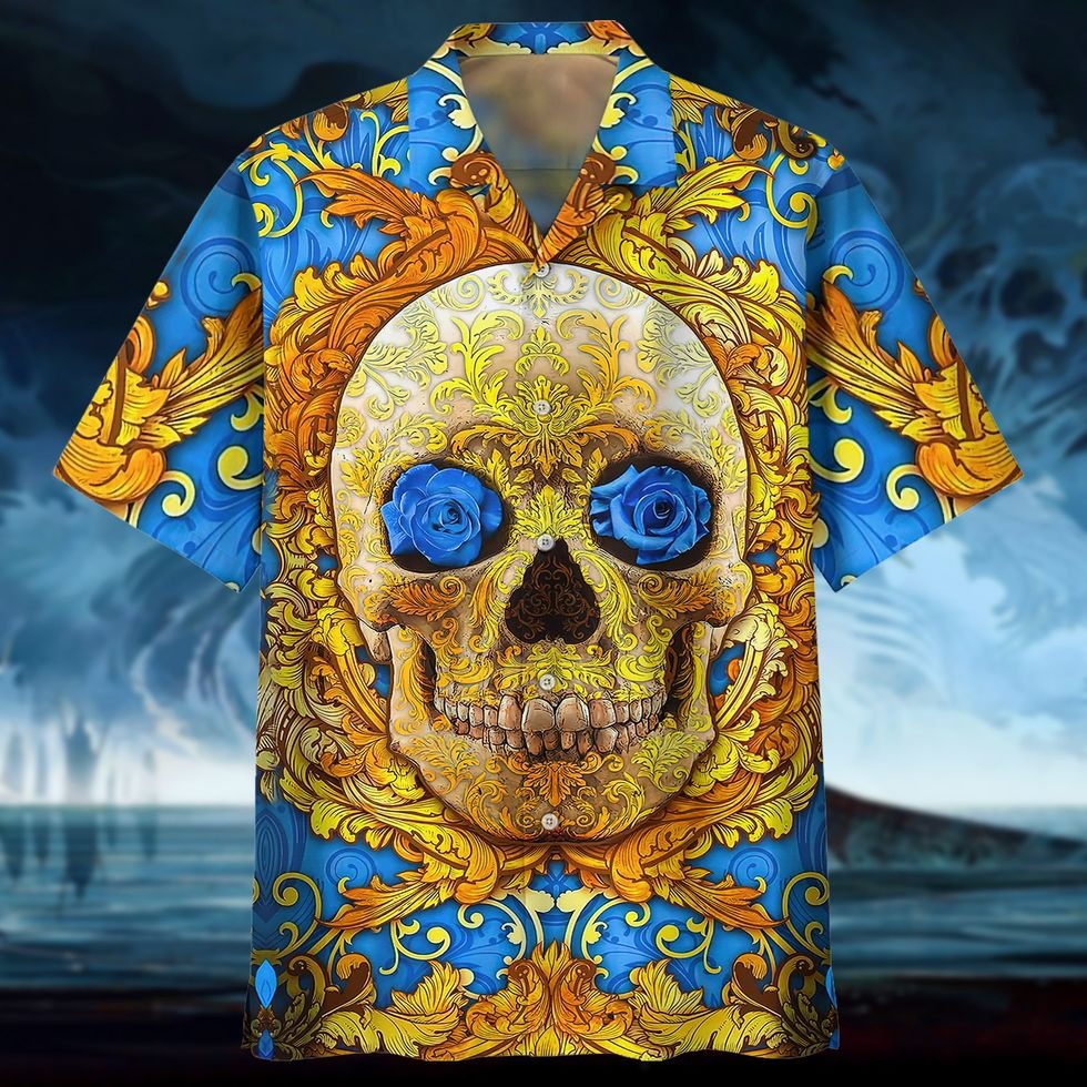 Coolspod 3D Full Printed Hawaiian Shirts With Skull/ Blue Flowers Skull Hawaii Aloha Beach Shirts/ Skull Hawaiian Shirt