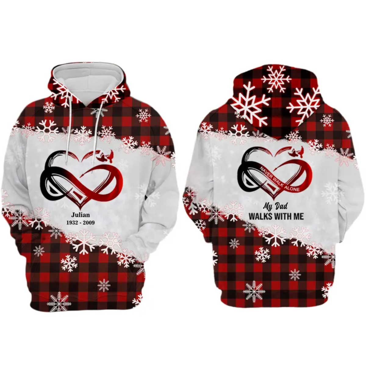Never Walk Alone Christmas Snowflake Personalized 3D Print Hoodie Loss Of Grandpa Loss Of Mom Dad Hoodie/ Remembrance Gift