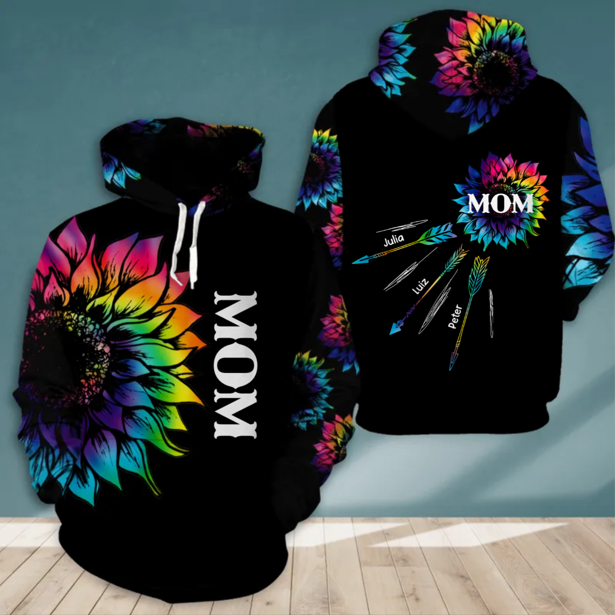 Personalized Grandma with Kid Name Tie Dye Sunflower Hoodie/ 3D All Over Print Custom Mom And Kids Name Hoodie