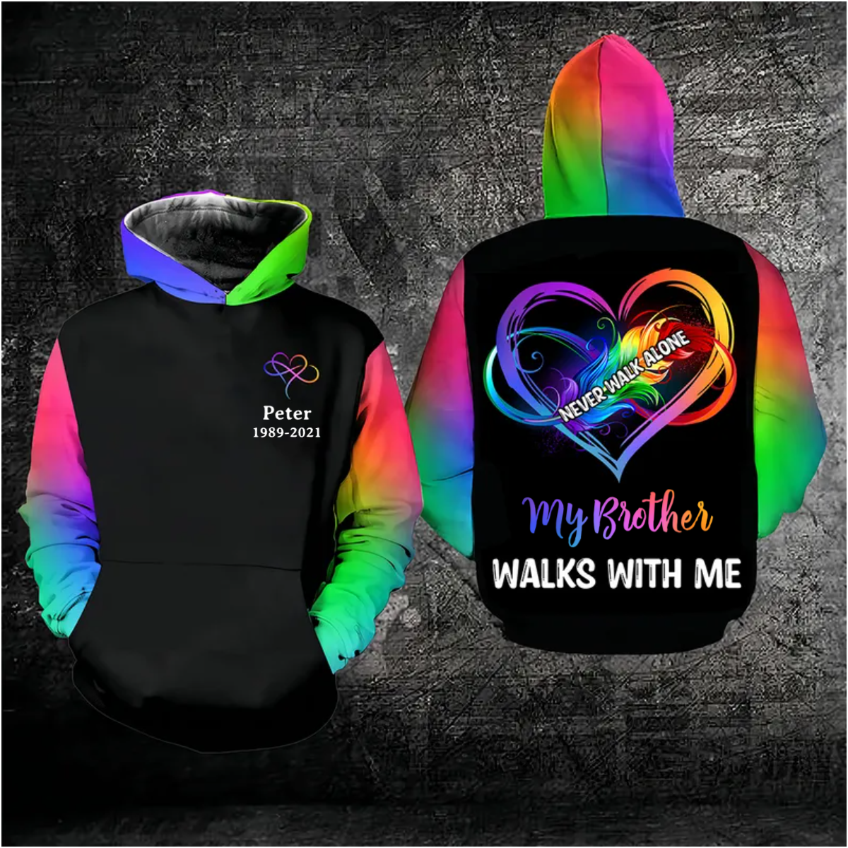 Personalized Never Walk Alone Rainbow Feather Heart Hoodie/ Remembrance Hoodie/ Memorial Hoodie Lost Of Mom Gift