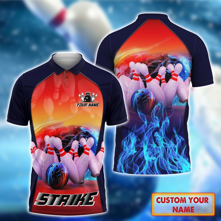 Personalized Bowling Strike On Fire 3D Polo Shirt/ Custom Name Bowling Shirt For Men/ Bowling Polo Shirt