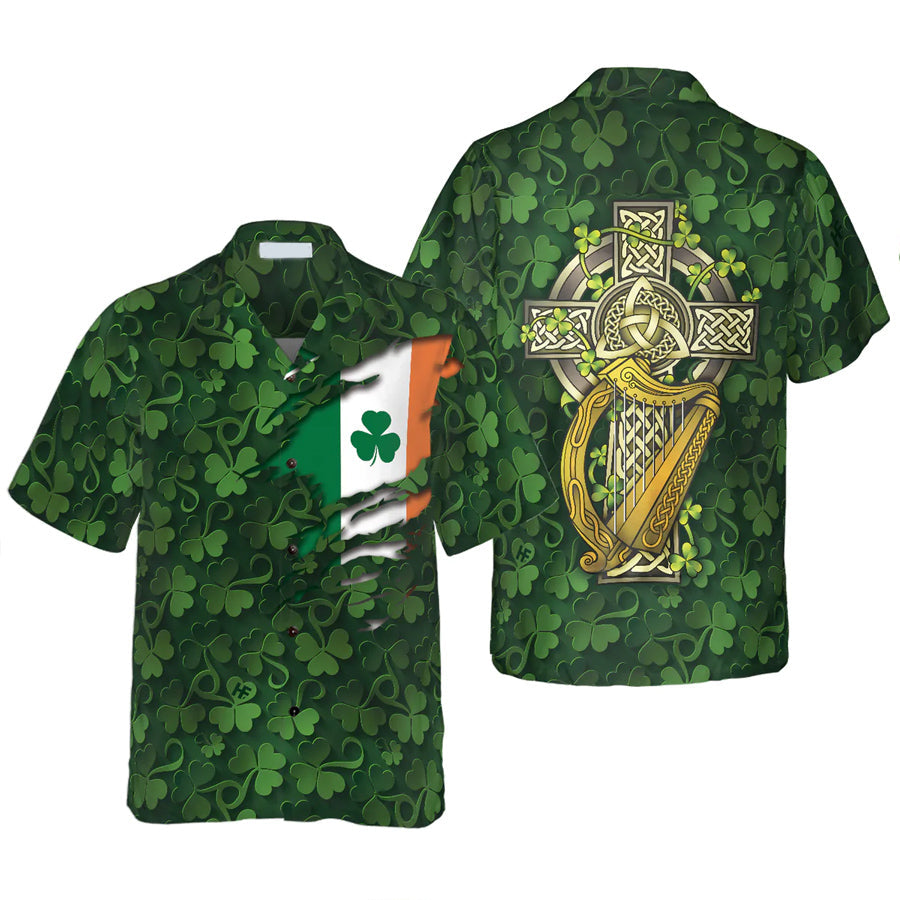 Saint Patrick''s Day Shamrock Celtic Cross Harp Irish Hawaiian Shirt